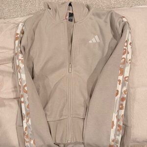 adidas Beige Tan Zip-Up Hoodie with Leopard Stripe Accents